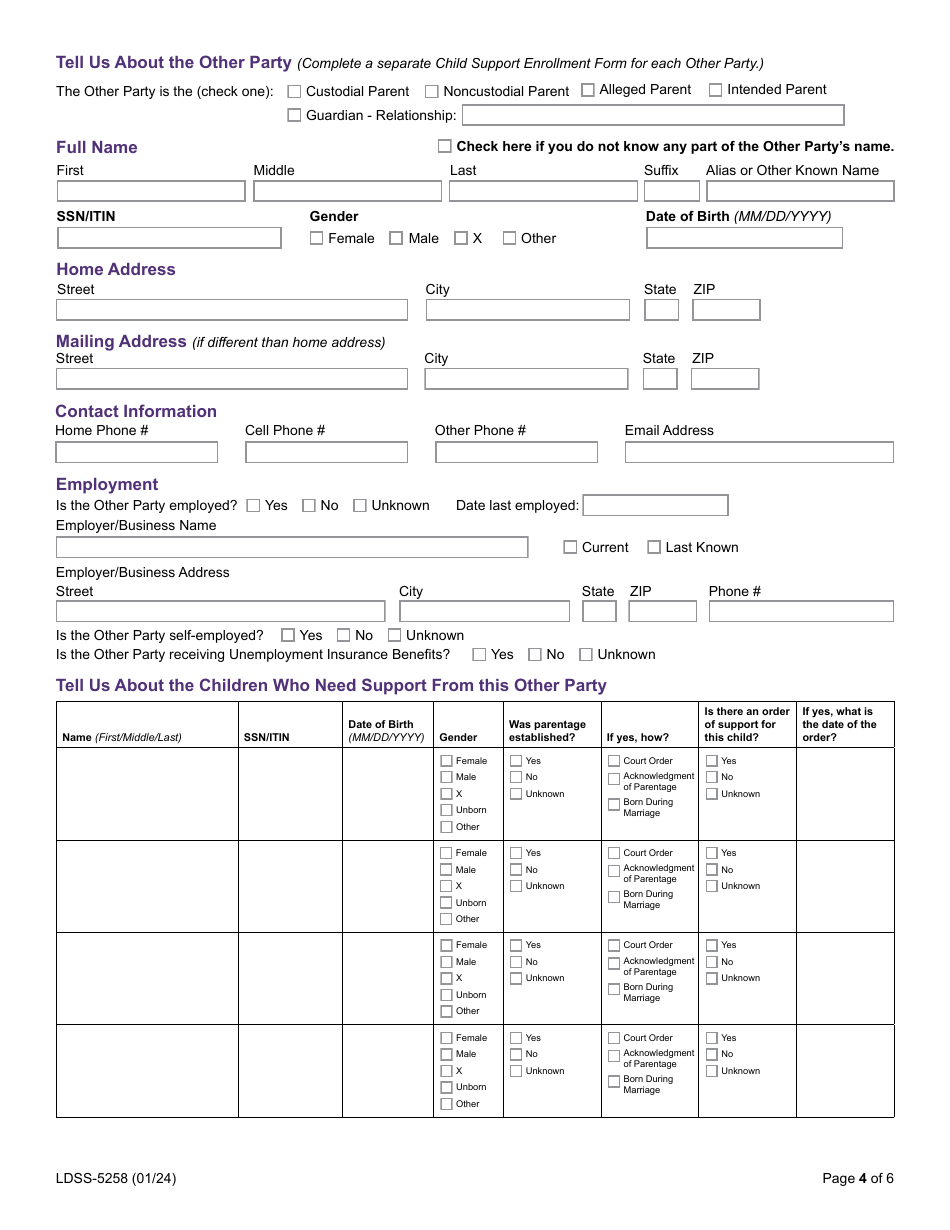 Form LDSS-5258 Child Support Enrollment Form - New York, Page 4
