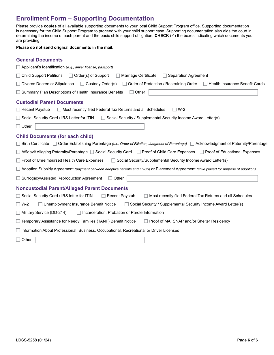 Form LDSS-5258 Child Support Enrollment Form - New York, Page 6