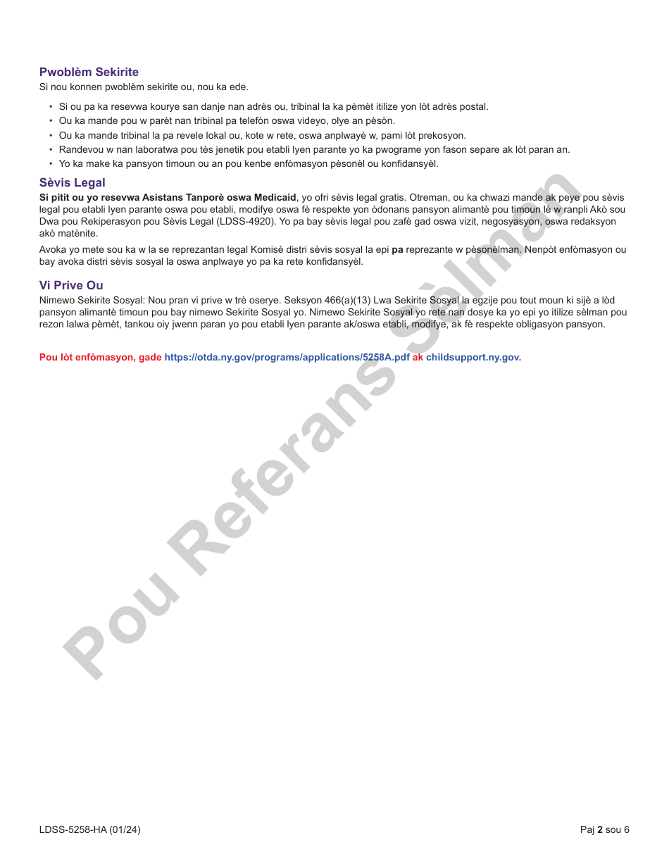 Form LDSS-5258 Child Support Enrollment Form - New York (Haitian Creole), Page 2