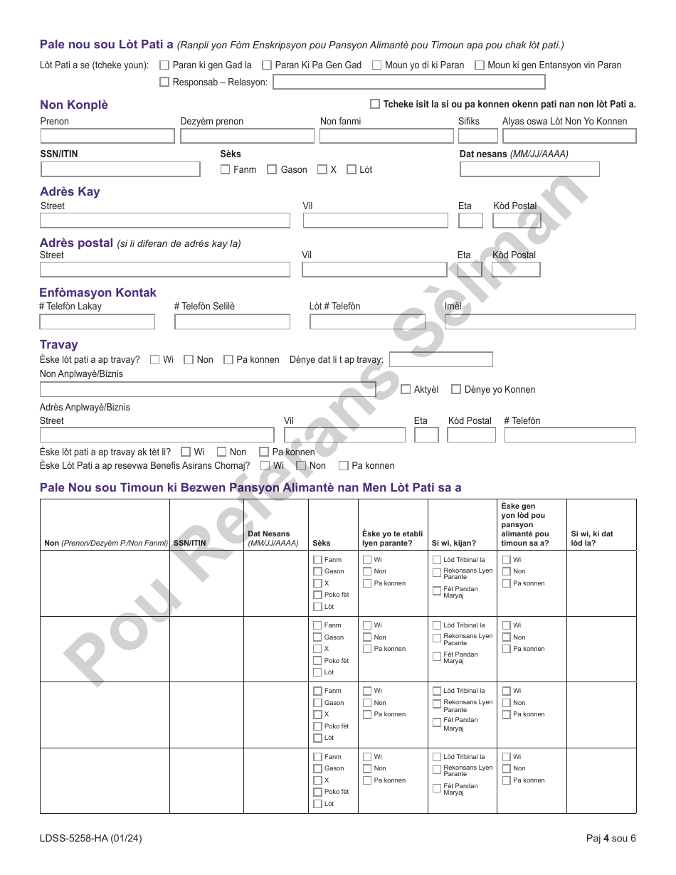 Form LDSS-5258 Child Support Enrollment Form - New York (Haitian Creole), Page 4