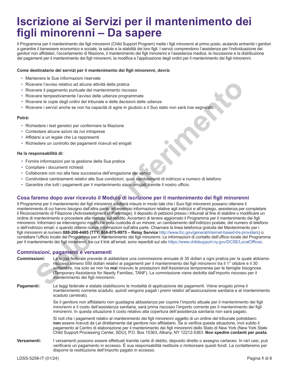 Form LDSS-5258 Child Support Enrollment Form - New York (Italian), Page 1