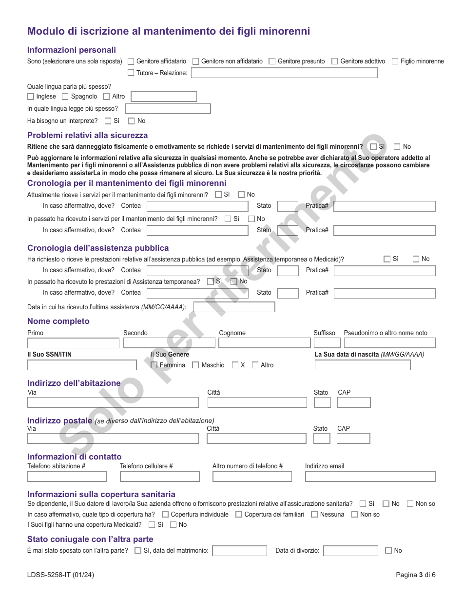 Form LDSS-5258 Child Support Enrollment Form - New York (Italian), Page 3