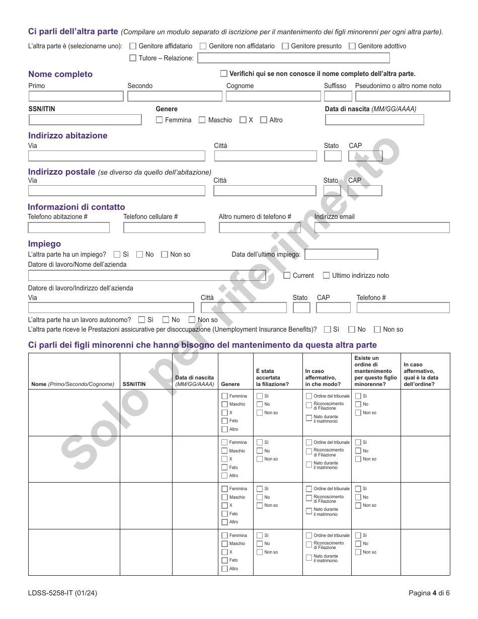 Form LDSS-5258 Child Support Enrollment Form - New York (Italian), Page 4