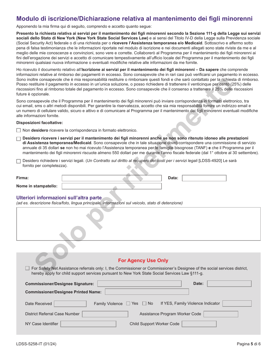 Form LDSS-5258 Child Support Enrollment Form - New York (Italian), Page 5