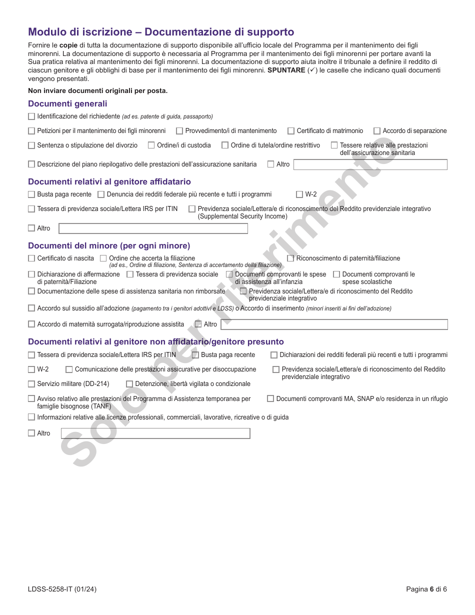 Form LDSS-5258 Child Support Enrollment Form - New York (Italian), Page 6