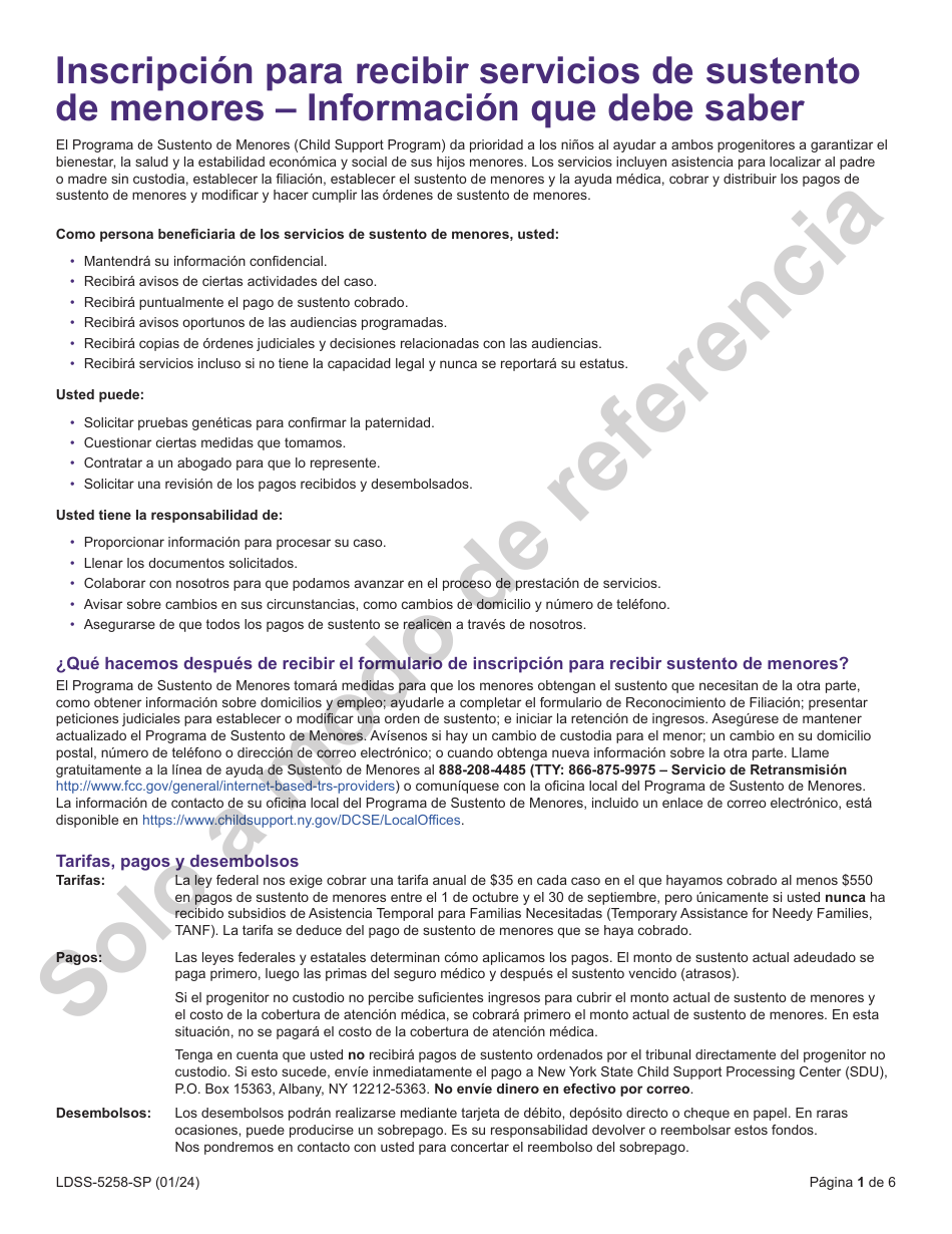 Formulario LDSS-5258 Formulario De Inscripcion Para Sustento De Menores - New York (Spanish), Page 1