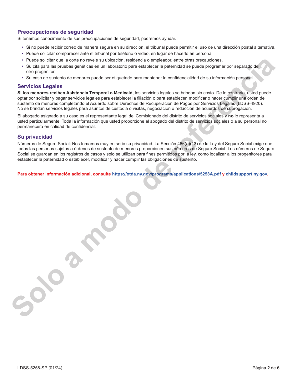 Formulario LDSS-5258 Formulario De Inscripcion Para Sustento De Menores - New York (Spanish), Page 2