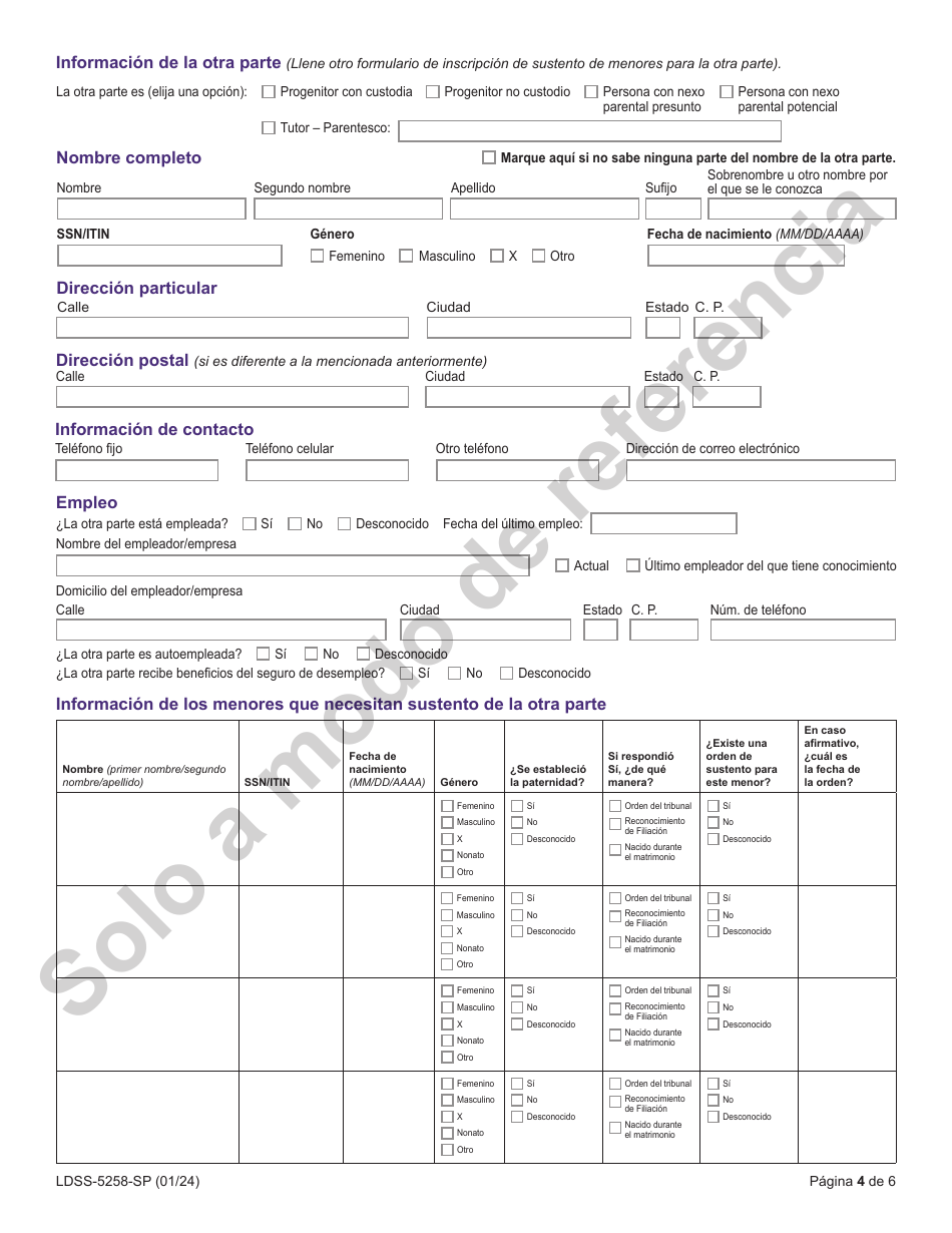 Formulario LDSS-5258 Formulario De Inscripcion Para Sustento De Menores - New York (Spanish), Page 4