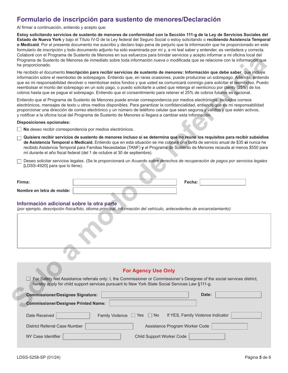 Formulario LDSS-5258 Formulario De Inscripcion Para Sustento De Menores - New York (Spanish), Page 5