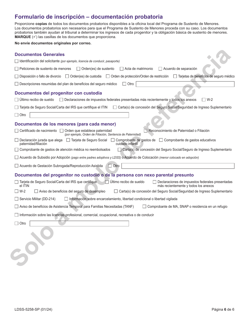 Formulario LDSS-5258 Formulario De Inscripcion Para Sustento De Menores - New York (Spanish), Page 6