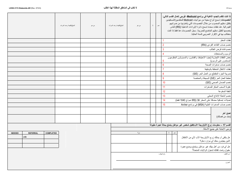 Form LDSS-3174 New York State Recertification Form for Certain Benefits and Services - New York (Arabic), Page 9