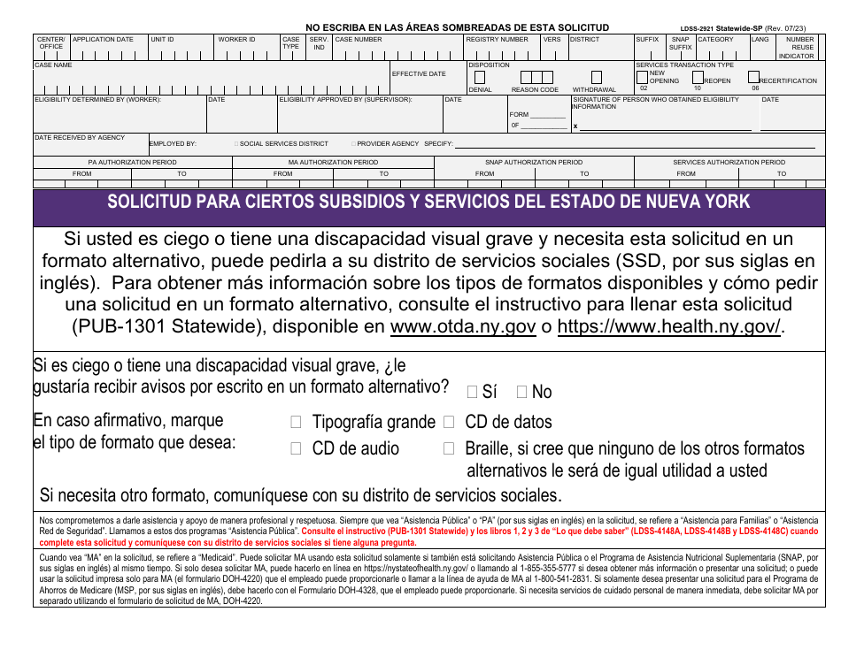 Formulario LDSS-2921 Solicitud Para Ciertos Subsidios Y Servicios Del Estado De Nueva York - New York (Spanish), Page 1