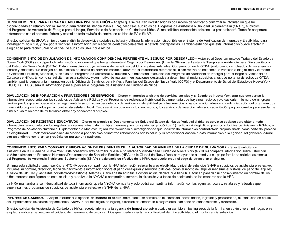 Formulario LDSS-2921 Solicitud Para Ciertos Subsidios Y Servicios Del Estado De Nueva York - New York (Spanish), Page 20