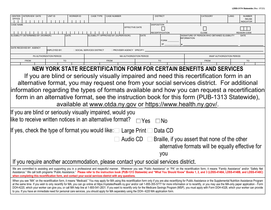 Form LDSS-3174 Recertification Form for Certain Benefits and Services - New York, Page 1