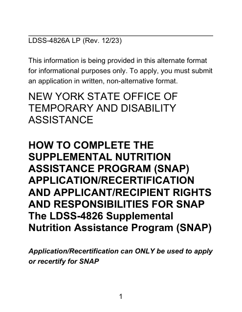 Instructions for Form LDSS-4826 LP Supplemental Nutrition Assistance Program (Snap) Application/Recertification - Large Print - New York