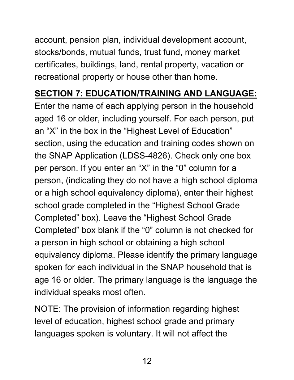 Instructions for Form LDSS-4826 LP Supplemental Nutrition Assistance Program (Snap) Application / Recertification - Large Print - New York, Page 12