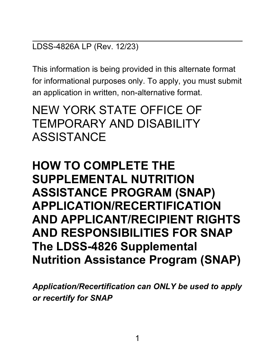 Instructions for Form LDSS-4826 LP Supplemental Nutrition Assistance Program (Snap) Application / Recertification - Large Print - New York, Page 1