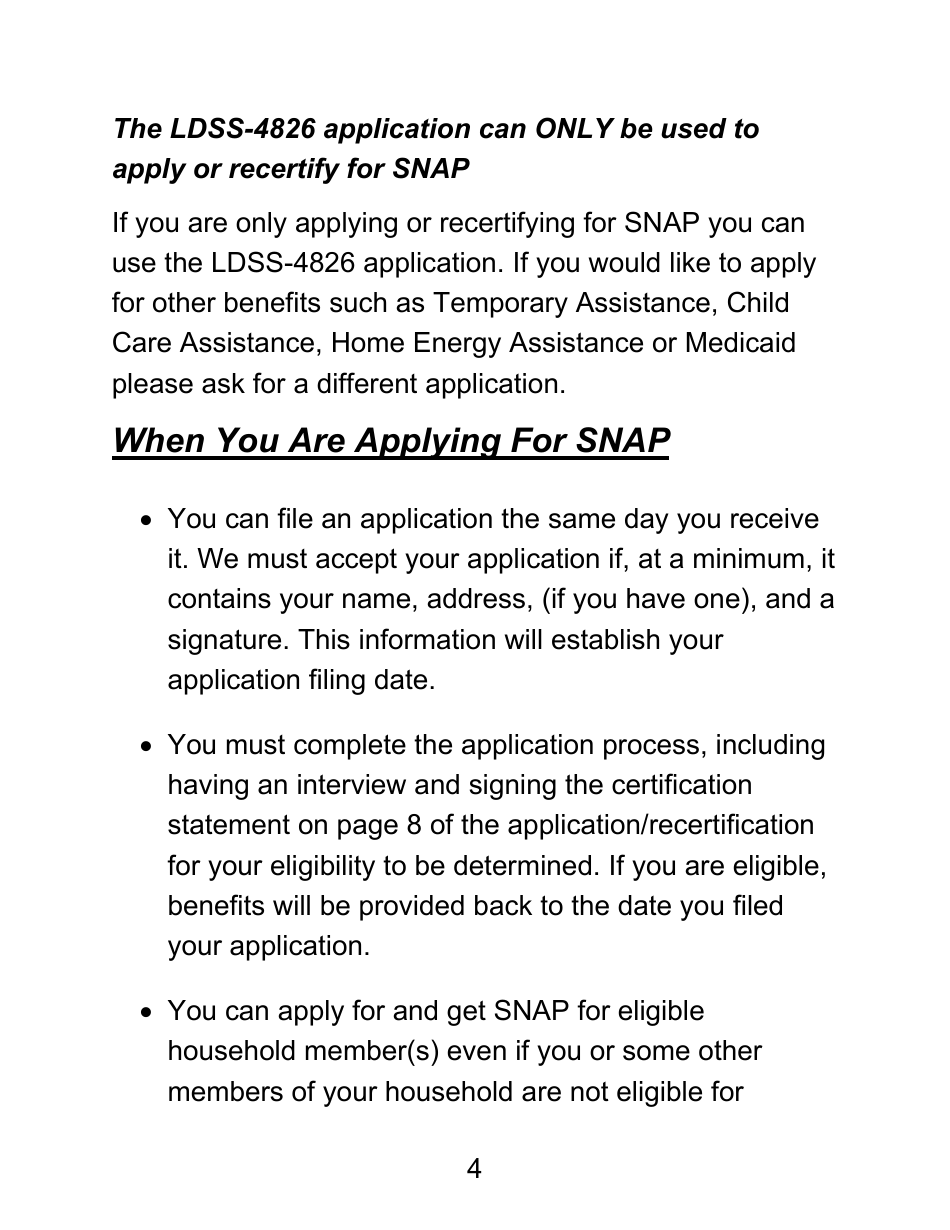 Instructions for Form LDSS-4826 LP Supplemental Nutrition Assistance Program (Snap) Application / Recertification - Large Print - New York, Page 4