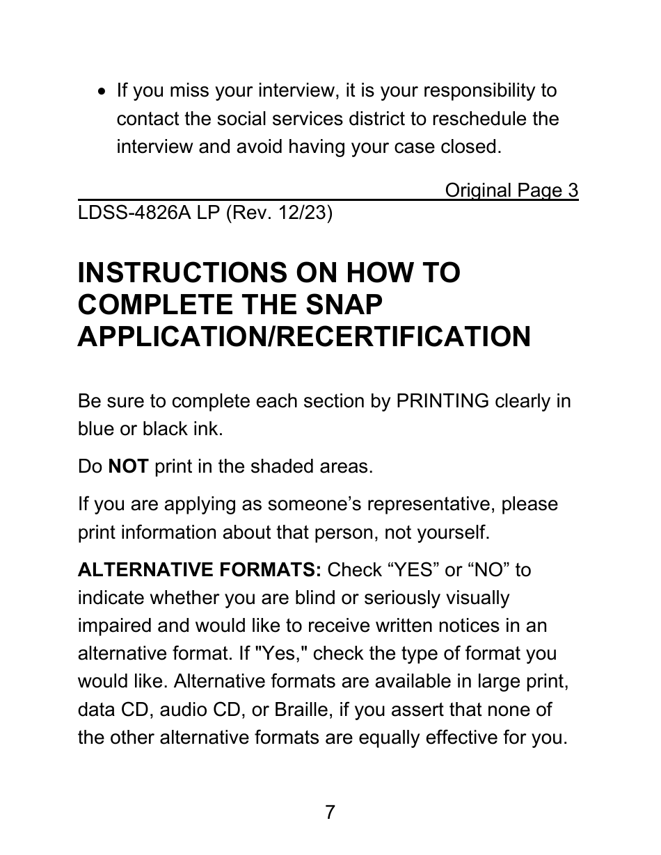 Instructions for Form LDSS-4826 LP Supplemental Nutrition Assistance Program (Snap) Application / Recertification - Large Print - New York, Page 7