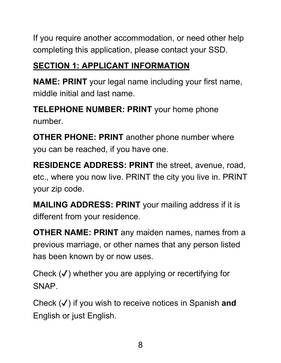 Instructions for Form LDSS-4826 LP Supplemental Nutrition Assistance Program (Snap) Application / Recertification - Large Print - New York, Page 8
