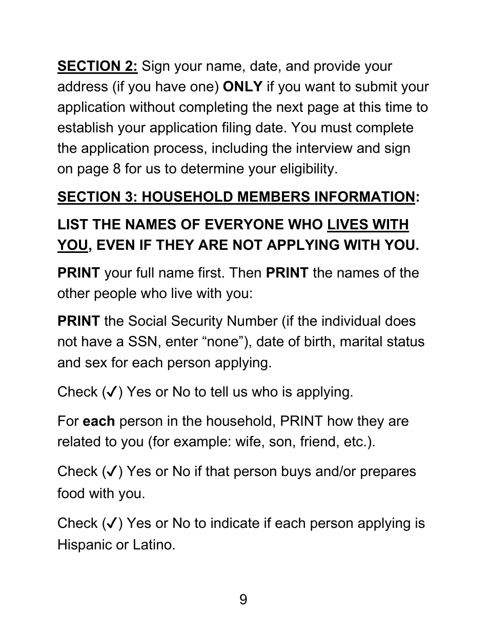 Instructions for Form LDSS-4826 LP Supplemental Nutrition Assistance Program (Snap) Application / Recertification - Large Print - New York, Page 9