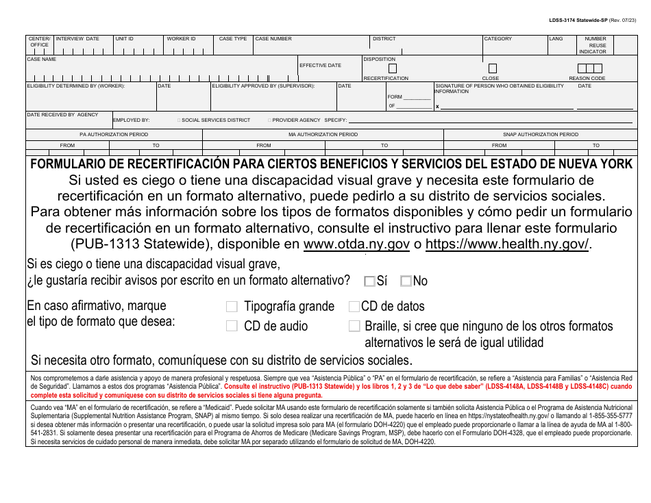 Formulario LDSS-3174 Formulario De Recertificacion Para Ciertos Beneficios Y Servicios Del Estado De Nueva York - New York (Spanish), Page 1