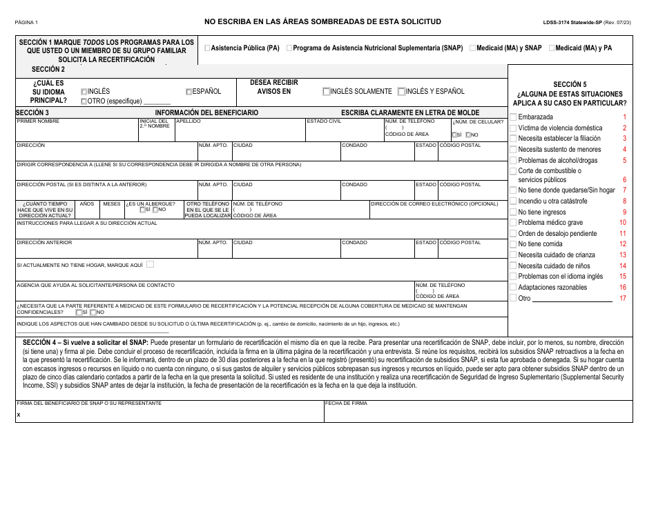 Formulario LDSS-3174 Formulario De Recertificacion Para Ciertos Beneficios Y Servicios Del Estado De Nueva York - New York (Spanish), Page 2