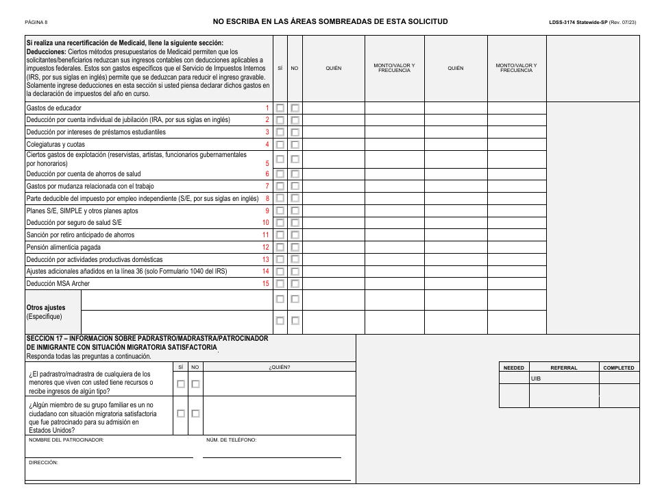 Formulario LDSS-3174 Formulario De Recertificacion Para Ciertos Beneficios Y Servicios Del Estado De Nueva York - New York (Spanish), Page 9