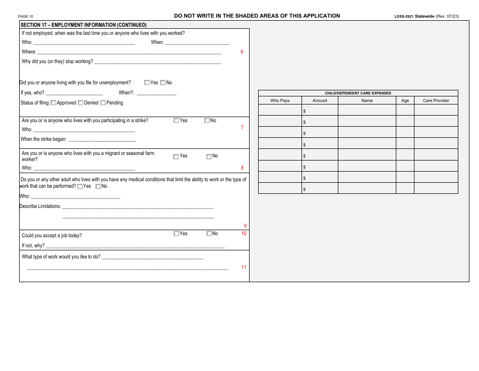 Form LDSS-2921 Application for Certain Benefits and Services - New York, Page 11