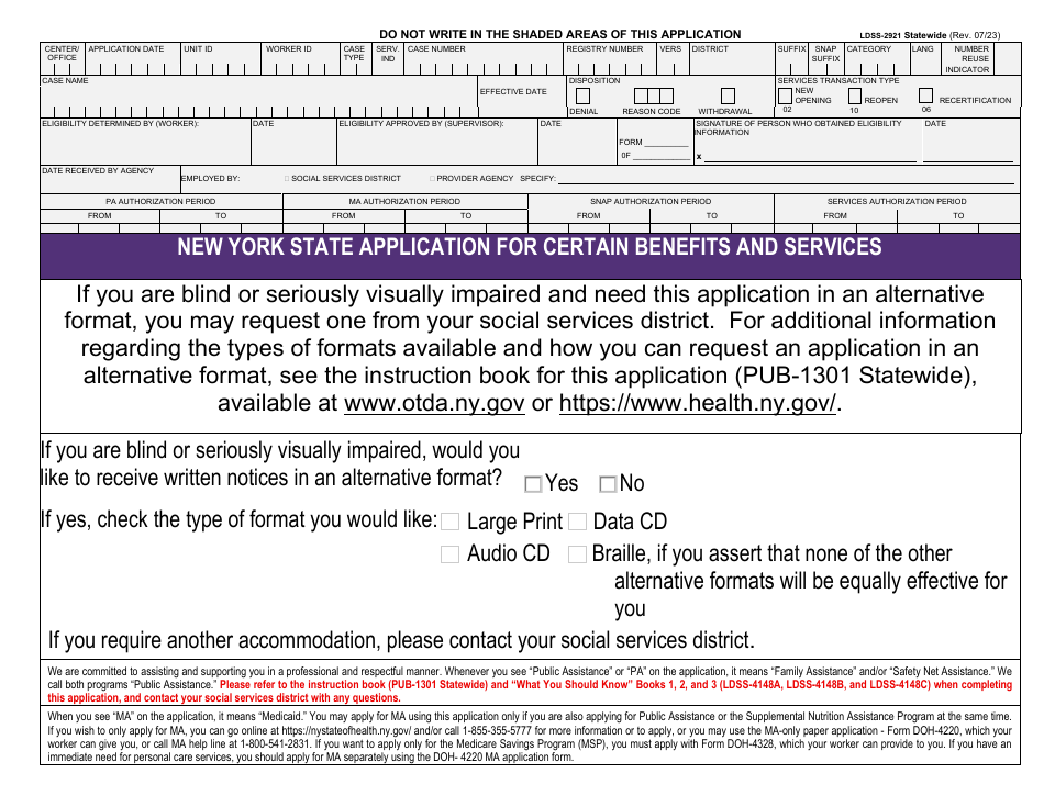 Form LDSS-2921 Application for Certain Benefits and Services - New York, Page 1