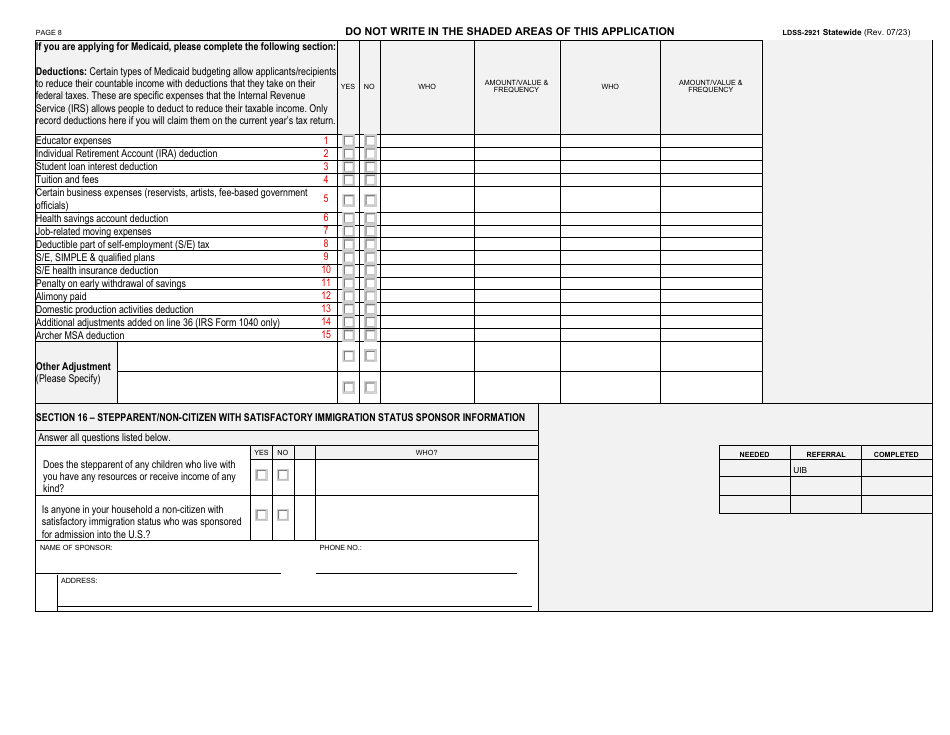 Form LDSS-2921 Application for Certain Benefits and Services - New York, Page 9