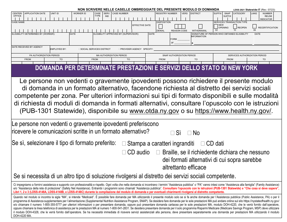 Form LDSS-2921 Application for Certain Benefits and Services - New York (Italian), Page 1