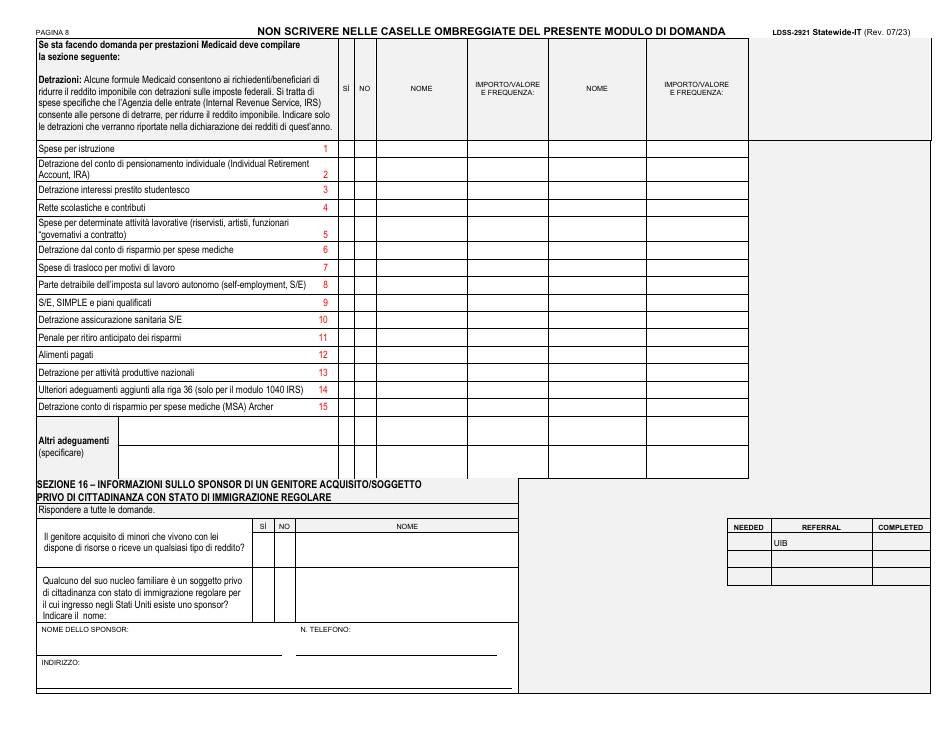 Form LDSS-2921 Application for Certain Benefits and Services - New York (Italian), Page 9