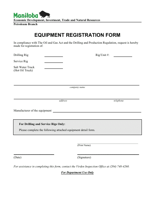 Equipment Registration Form - Manitoba, Canada Download Pdf