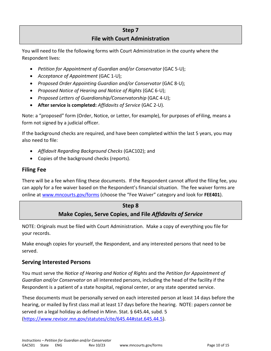 Form GAC501 Instructions - Petition for Guardian and / or Conservator of an Adult - Minnesota, Page 10