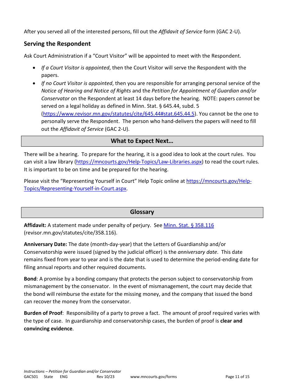 Form GAC501 Instructions - Petition for Guardian and / or Conservator of an Adult - Minnesota, Page 11