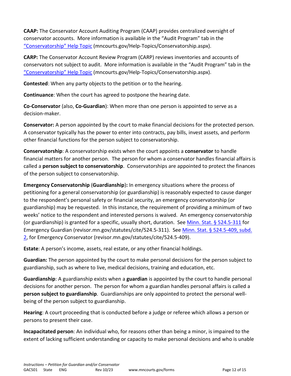 Form GAC501 Instructions - Petition for Guardian and / or Conservator of an Adult - Minnesota, Page 12