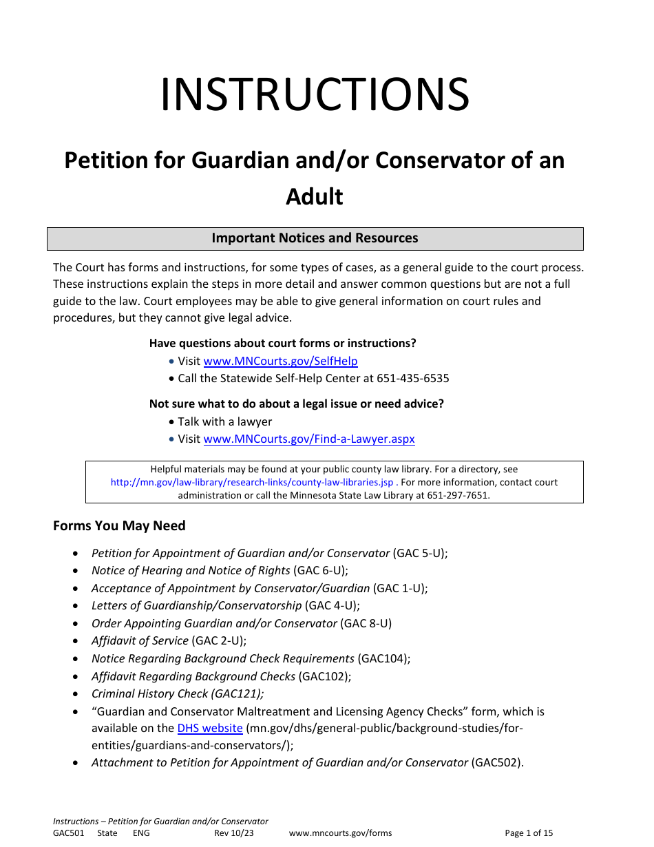 Form GAC501 Instructions - Petition for Guardian and / or Conservator of an Adult - Minnesota, Page 1