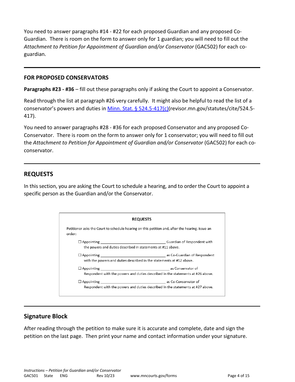 Form GAC501 Instructions - Petition for Guardian and / or Conservator of an Adult - Minnesota, Page 4