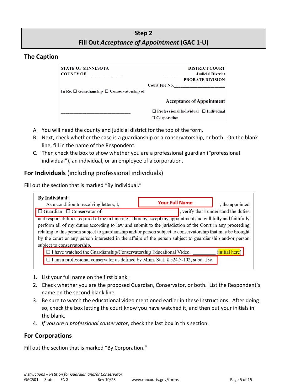 Form GAC501 Instructions - Petition for Guardian and / or Conservator of an Adult - Minnesota, Page 5