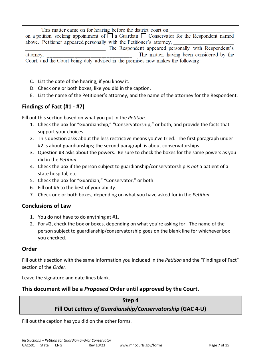 Form GAC501 Instructions - Petition for Guardian and / or Conservator of an Adult - Minnesota, Page 7