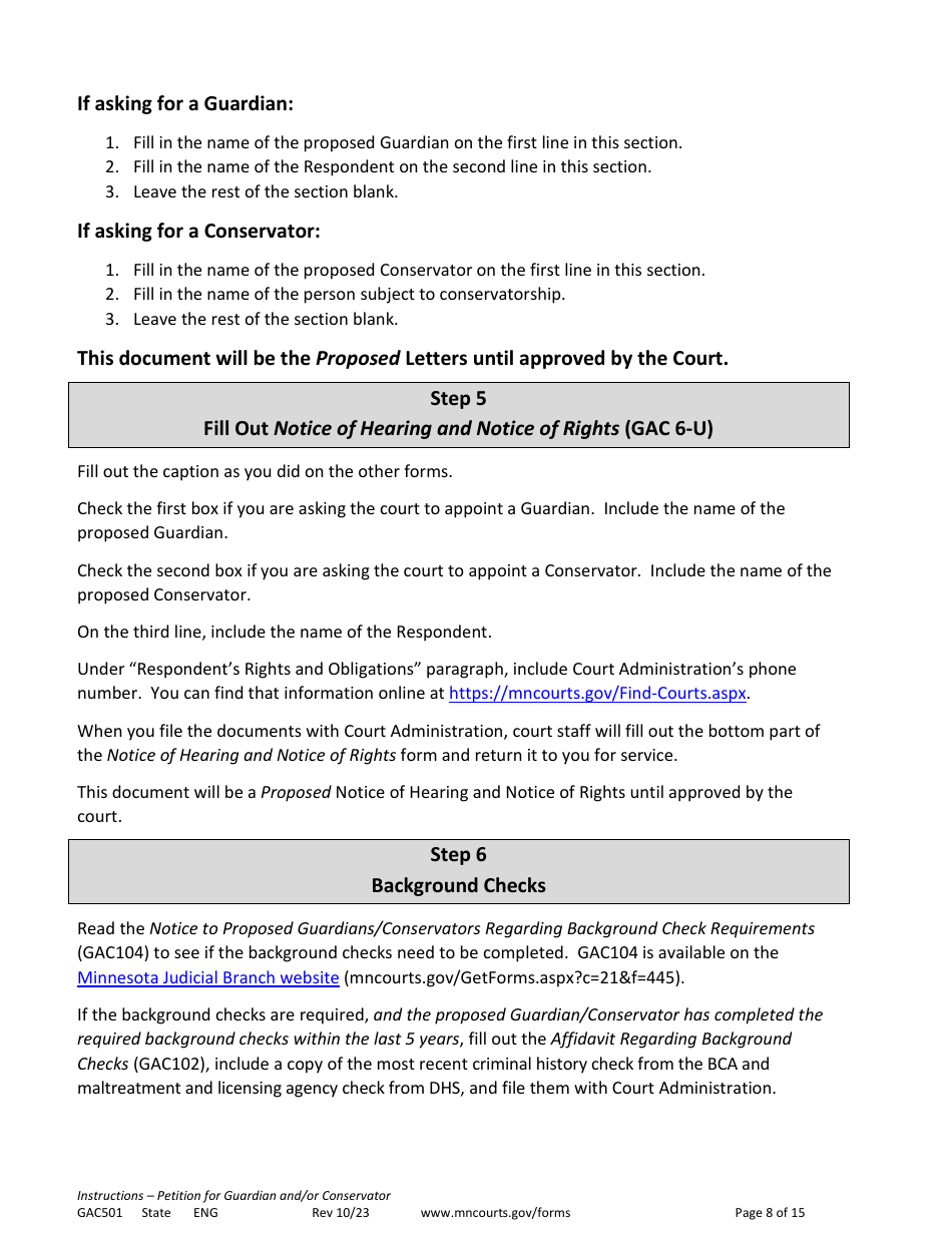 Form GAC501 Instructions - Petition for Guardian and / or Conservator of an Adult - Minnesota, Page 8