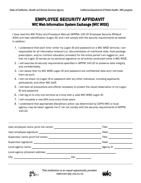 Form CDPH4467 Employee Security Affidavit - Wic Web Information System Exchange (Wic Wise) - California