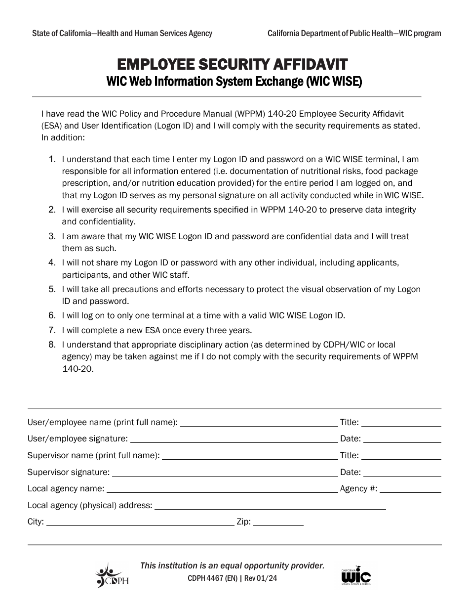 Form CDPH4467 Employee Security Affidavit - Wic Web Information System Exchange (Wic Wise) - California, Page 1