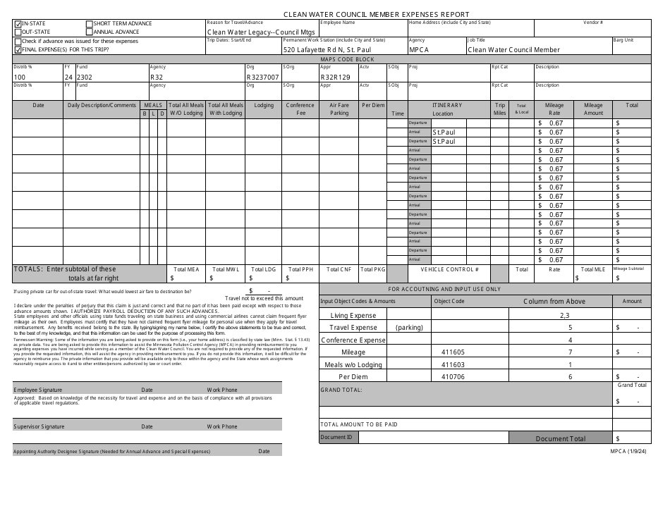 Clean Water Council Member Expenses Report - Minnesota, Page 1