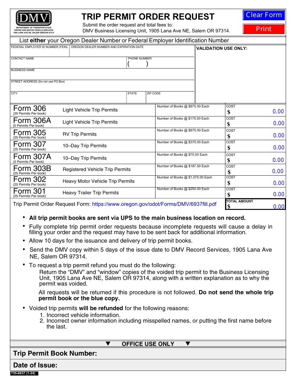 Form 735-6937 Trip Permit Order Request - Oregon, Page 1