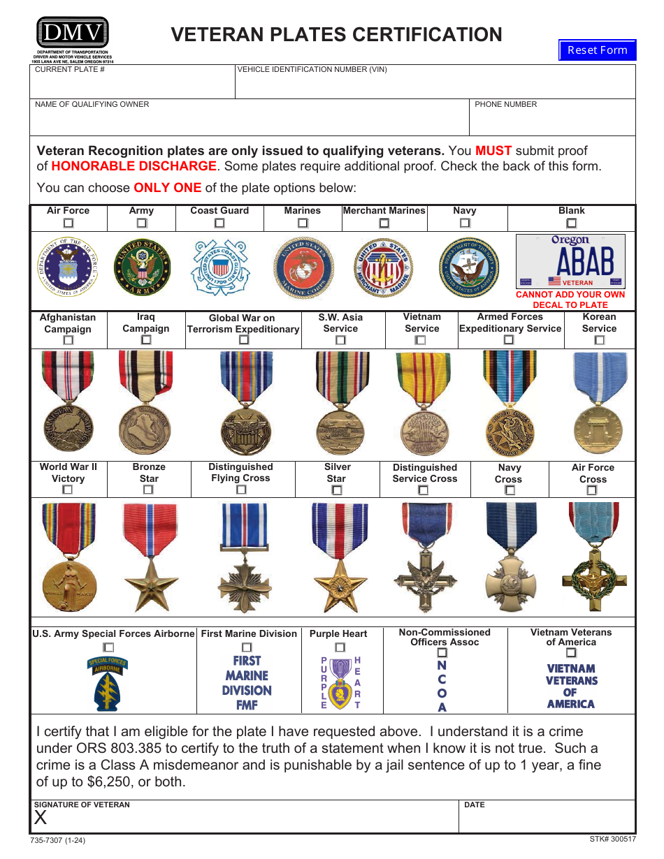 Form 735-7307 Veteran Plates Certification - Oregon, Page 1