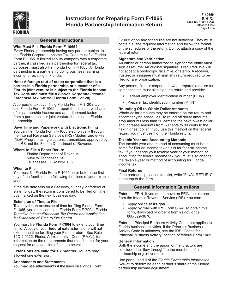 Form F-1065 Florida Partnership Information Return - Florida, Page 3