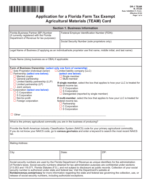 Form DR-1 TEAM Application for a Florida Farm Tax Exempt Agricultural Materials (Team) Card - Florida
