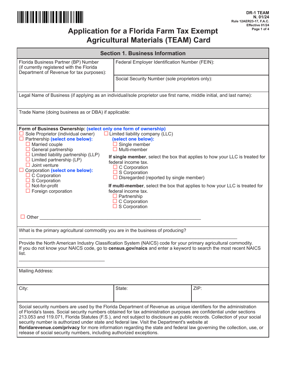 Form DR-1 TEAM Application for a Florida Farm Tax Exempt Agricultural Materials (Team) Card - Florida, Page 1
